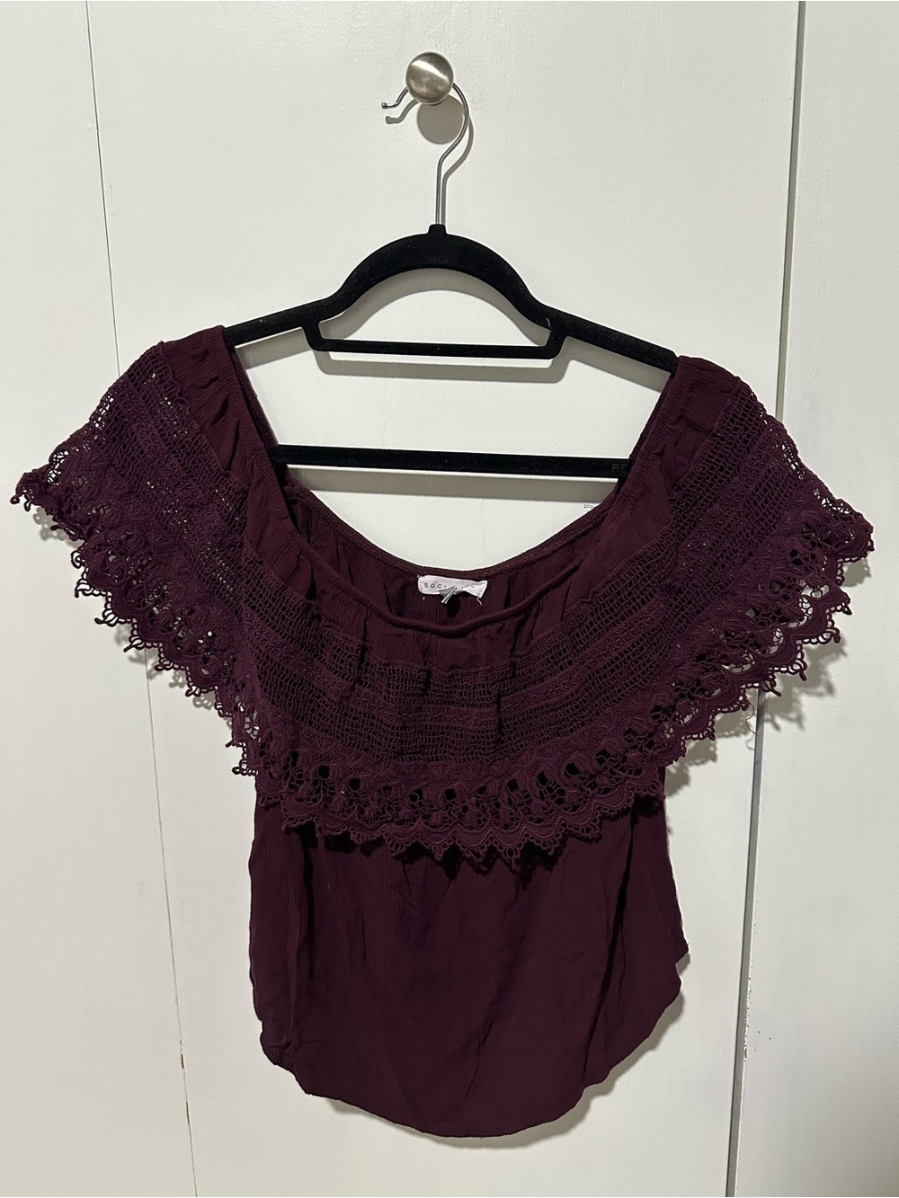 Socialite Maroon Off the Shoulder Crochet Lace Trim Blouse